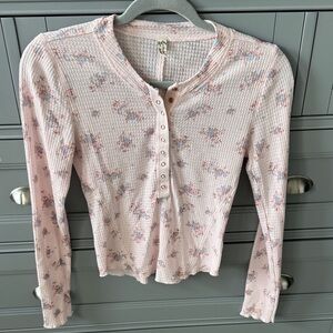 We The Free Pale Pink Floral Waffle Henley Long Sleeve Top